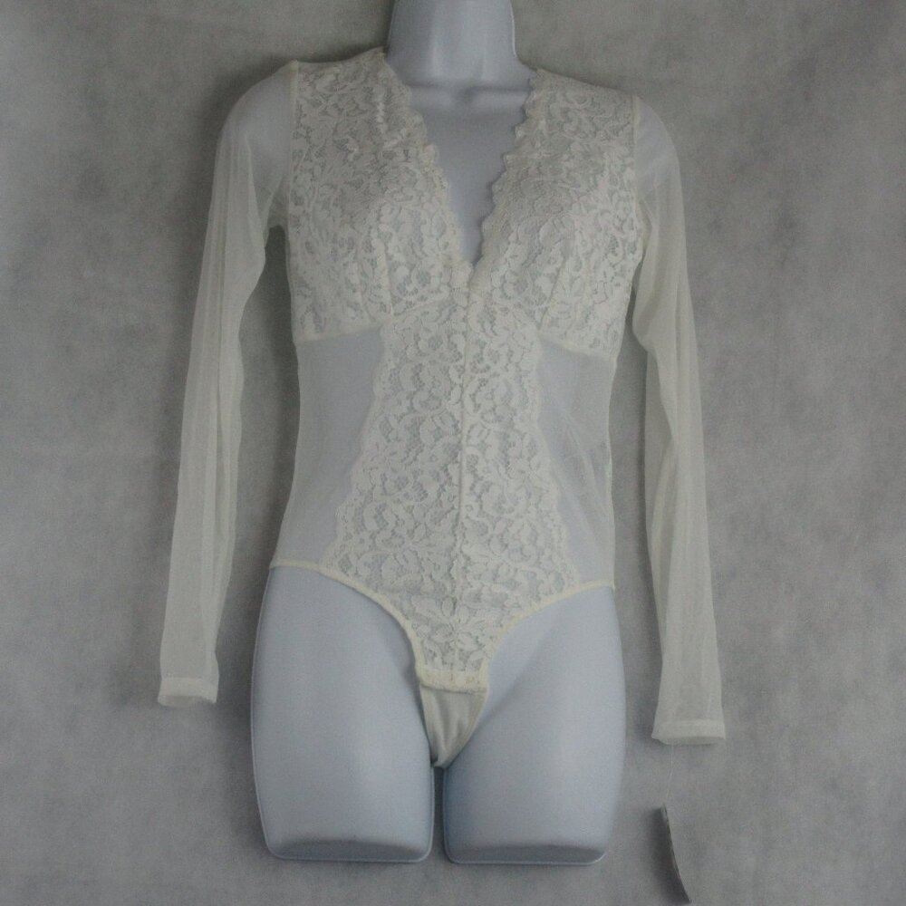 INC Women's Long-Sleeve Lace Mesh Thong Bodysuit, Washed White